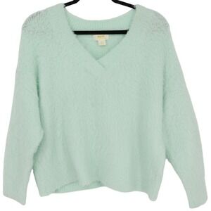 Maeve Anthropologie Plush V-Neck Sweater Size XS/P Mint Green Oversized Shaggy